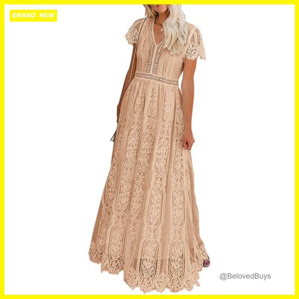 V-Neck Floral Lace Maxi Dress A-Line Boho Bridesmaid Cocktail Formal